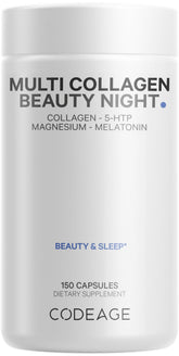 Codeage bote frontal Beauty Night mostrando el envase y ventaja de fórmula nocturna