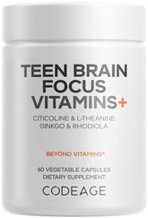 Codeage envase frontal Teen Brain Focus mostrando ingredientes y beneficio cognitivo
