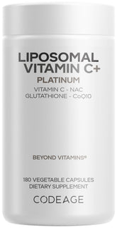 Codeage frasco frontal de Liposomal Vitamin C+ mostrando etiqueta clara y beneficio de potencia