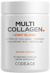 Frasco frontal Codeage Multi Collagen Protein mostrando 90 cápsulas y beneficios