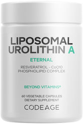 Codeage frasco frontal mostrando urolitina A y beneficios de biodisponibilidad