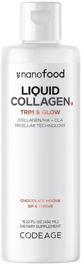 Codeage botella frontal del Liquid Collagen sabor chocolate, presentación clara y práctica