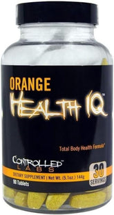 CONTROLLED LABS Orange Health IQ frente del empaque mostrando 90 tabletas y beneficios
