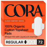 Cora empaque frontal mostrando 72 toallas y diseño informativo, tranquilidad garantizada