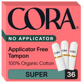 Cora empaque frontal mostrando 36 tampones Super y beneficios ecológicos