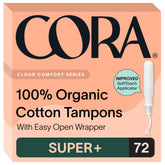 Cora empaque frontal mostrando 72 tampones y beneficio de protección