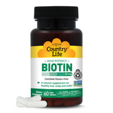 Country Life envase frontal mostrando biotina 10,000 mcg y beneficios