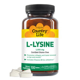 Country Life frasco frontal de L-Lysine 1000 mg mostrando etiqueta clara y beneficios