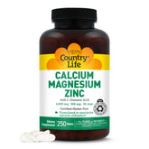 Country Life frasco frontal del suplemento calcio magnesio zinc con beneficio de aporte mineral