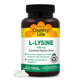Country Life bote frontal con L‑Lysine 500 mg mostrando diseño y tamaño, útil para elegir suplemento
