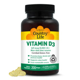 Country Life envase frontal de Vitamina D3 5000 IU mostrando dosis alta y beneficios