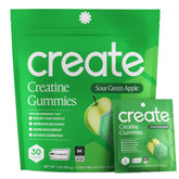 Create gomitas creatina empaque frontal mostrando diseño y beneficio portátil