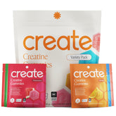 Create gomitas pack frontal mostrando caja y variedad de sabores, conveniencia para viajes