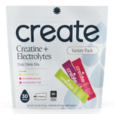 Create variedad pack frontal mostrando sabores y sobres, conveniencia inmediata