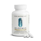Dear Apothecary envase frontal del suplemento K2-D3 Max mostrando ingredientes clave