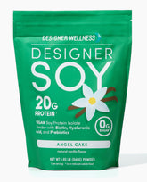Designer Wellness frasco frente mostrando etiqueta y sabor angel cake vanilla; opción proteica vegana