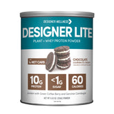 Designer Wellness frontal del envase mostrando sabor Chocolate Cookies & Cream y beneficios
