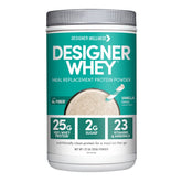 Designer Wellness envase frontal mostrando vainilla y beneficio saciante