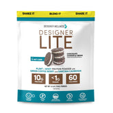 Designer Wellness frente del producto mostrando diseño y sabor Chocolate Cookies & Cream, fácil identificación