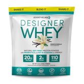 Designer Wellness envase frontal mostrando sabor french vanilla y beneficios claros