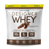 Designer Wellness empaque frontal del polvo chocolate mostrando beneficios