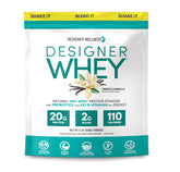 Designer Wellness envase frontal de Designer Whey French Vanilla mostrando diseño y beneficio proteico
