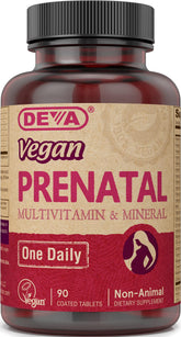 DEVA envase frontal del multivitamínico prenatal con etiqueta clara y dosis diaria