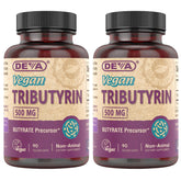 DEVA frasco de tributyrin frente mostrando etiqueta y beneficio vegano
