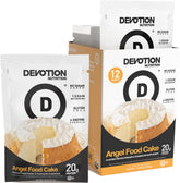Devotion Nutrition paquete frontal mostrando sabor angel food cake y conveniencia portátil