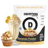 Devotion Nutrition frasco frontal mostrando etiqueta y sabor Bananas Foster