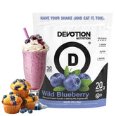 Devotion Nutrition envase frontal wild blueberry mostrando la marca y beneficio proteico