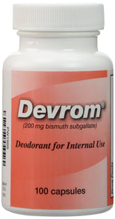 Devrom frasco de 100 cápsulas mostrado frontalmente, solución discreta para ostomía