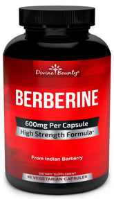 Divine Bounty frasco frontal mostrando etiqueta y beneficio de 600 mg por cápsula