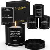 Domivirgo vista frontal del pack de cuatro velas en lata negra, regalo elegante
