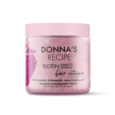 Donna's Recipe frasco frontal que muestra biotina 10,000 mcg y beneficios