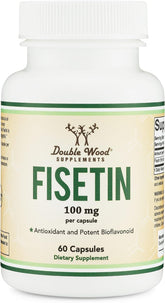 Double Wood fisetin frente del envase mostrando 60 cápsulas y etiqueta informativa