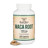 Double Wood Supplements envase frontal de Maca Root Capsules, presentación clara y confianza