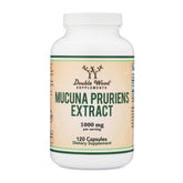 Double Wood Mucuna vista frontal del envase con beneficios claros