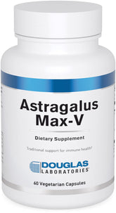 Douglas Laboratories frasco frontal de Astragalus Max-V mostrando la etiqueta y beneficios