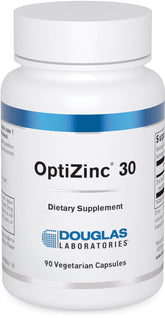 Douglas Laboratories envase Opti Zinc 30 mg mostrando la etiqueta y beneficio claro