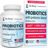 Dr. Berg probiótico envase frontal mostrando 60 cápsulas y beneficios digestivos