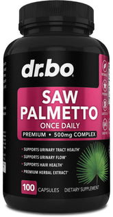 DR. BO envase del suplemento saw palmetto al frente mostrando diseño y beneficios