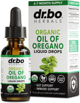 DR. BO frasco frontal de aceite de orégano orgánico mostrando etiqueta clara y tamaño