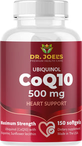 Dr. JOEL'S frasco frontal de CoQ10 500 mg muestra cantidad y presentación