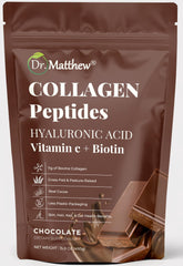 Dr. Matthew envase frontal de Chocolate Collagen Powder muestra etiqueta clara