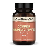 Dr. Mercola frasco frontal del cobre bisglicinato mostrando envase y duración