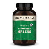 Dr. Mercola bote frontal de Fermented Greens mostrando etiqueta orgánica y conveniencia diaria