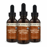 Dr. Mercola frasco frontal de Digestive Bitters mostrando etiqueta y tamaño práctico