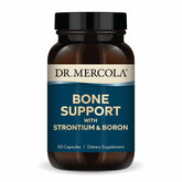 Dr. Mercola frasco frontal del suplemento Bone Support mostrando etiqueta clara y beneficios