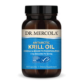 Dr. Mercola botella frontal del aceite de kril mostrando diseño y cantidad